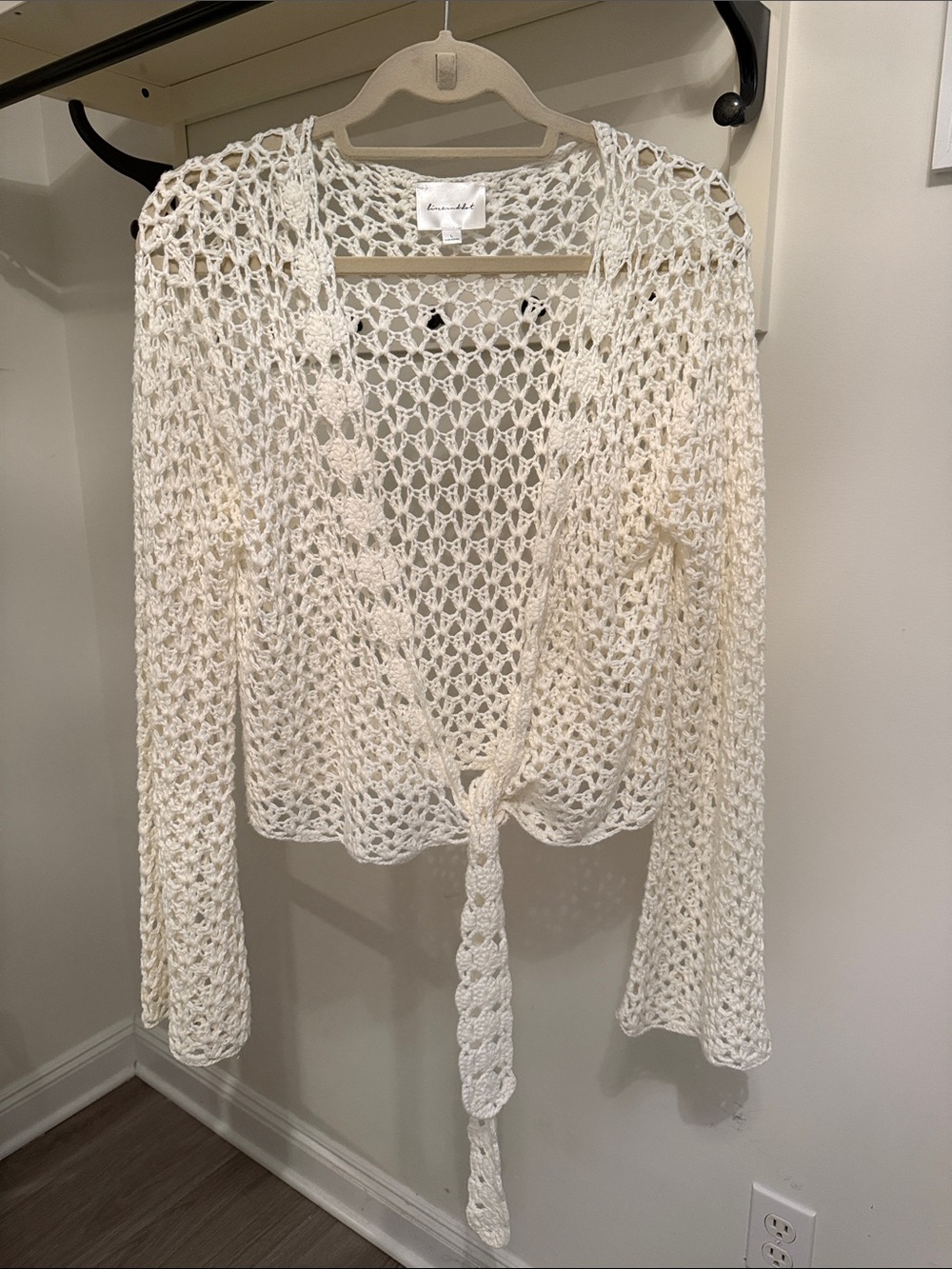 Hand-Knit Open Weave Tie-Front Sweater - Cream